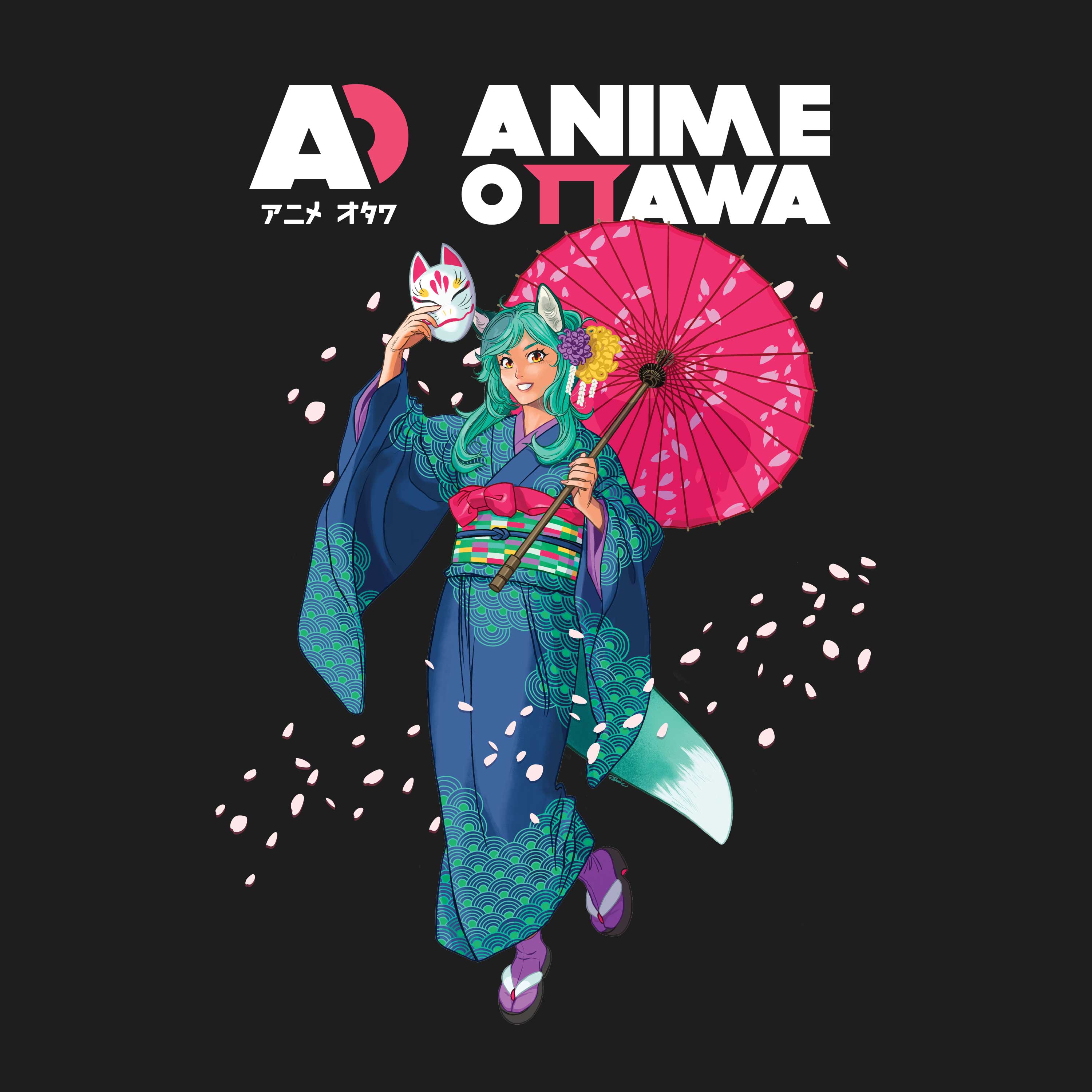 Anime character in a kimono holding a pink umbrella with 'Anime Ottawa' logo above