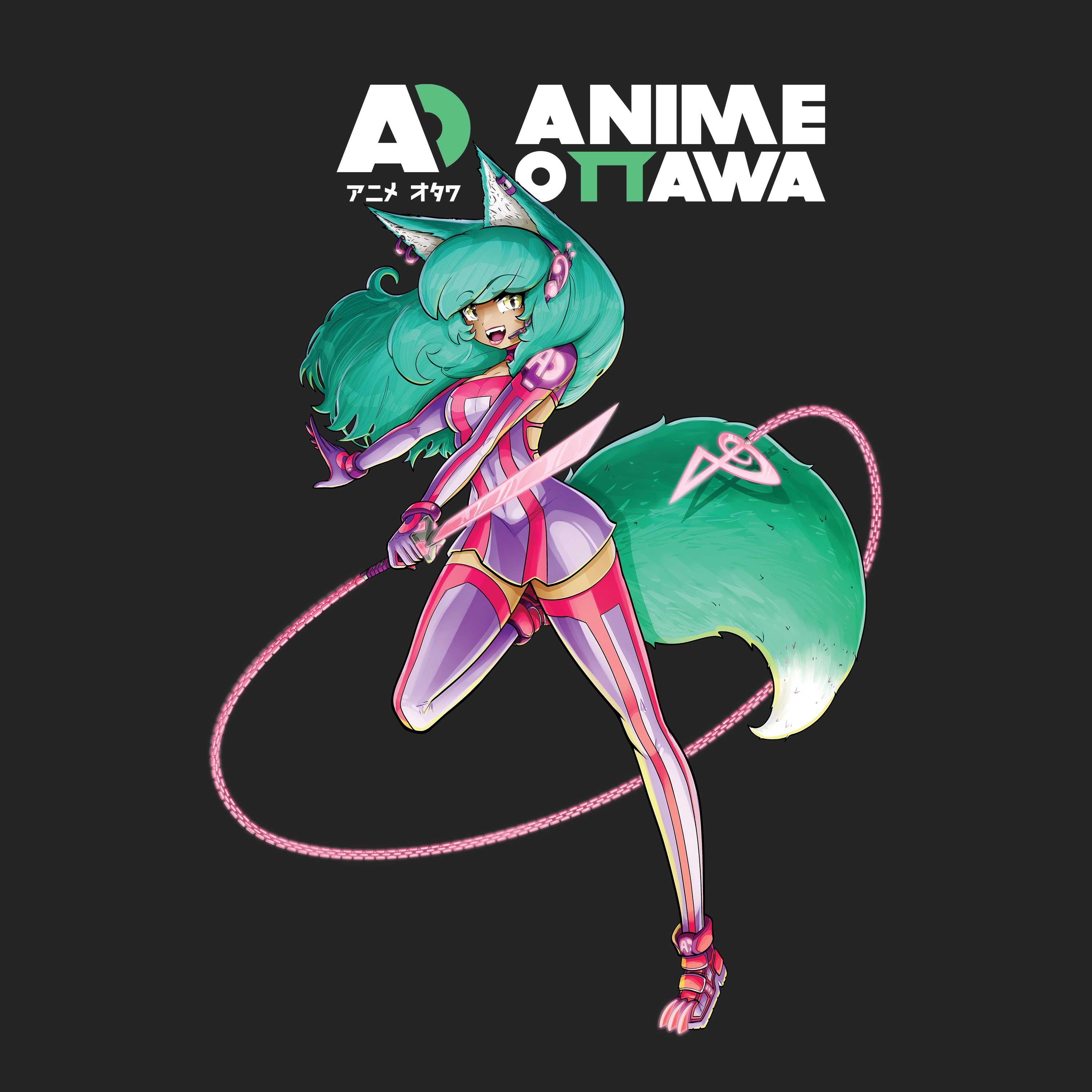 Anime character with green hair and a sword, featuring Anime Ottawa logo on a black background