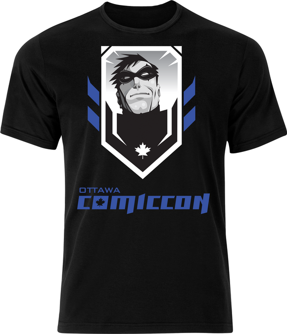 T-shirt avec le logo du Comiccon d'Ottawa et des reflets bleus